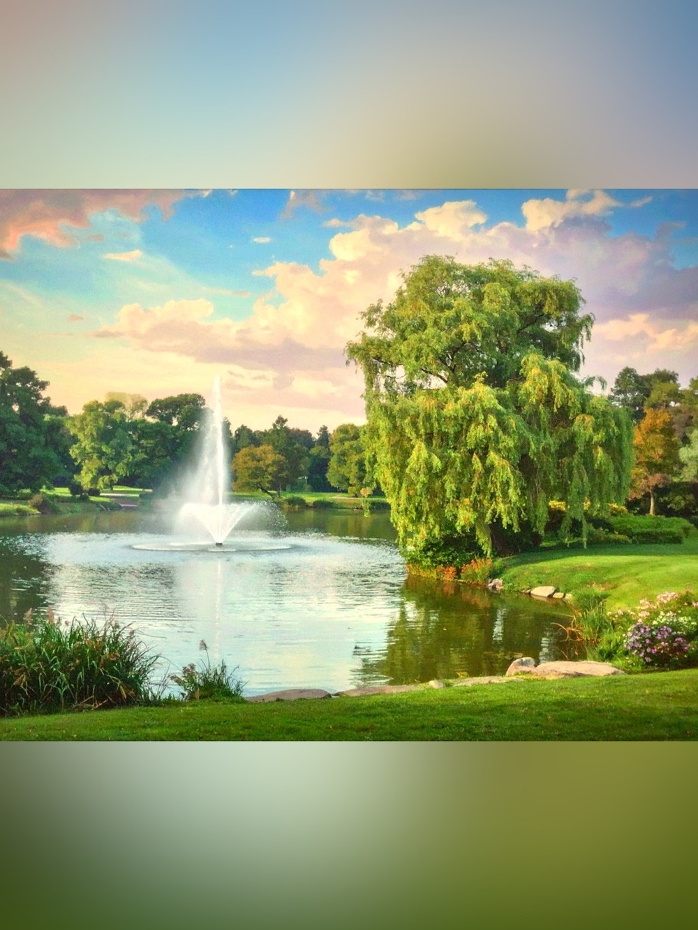 Lakeside Fountain Wall Art Print in Green and Blue